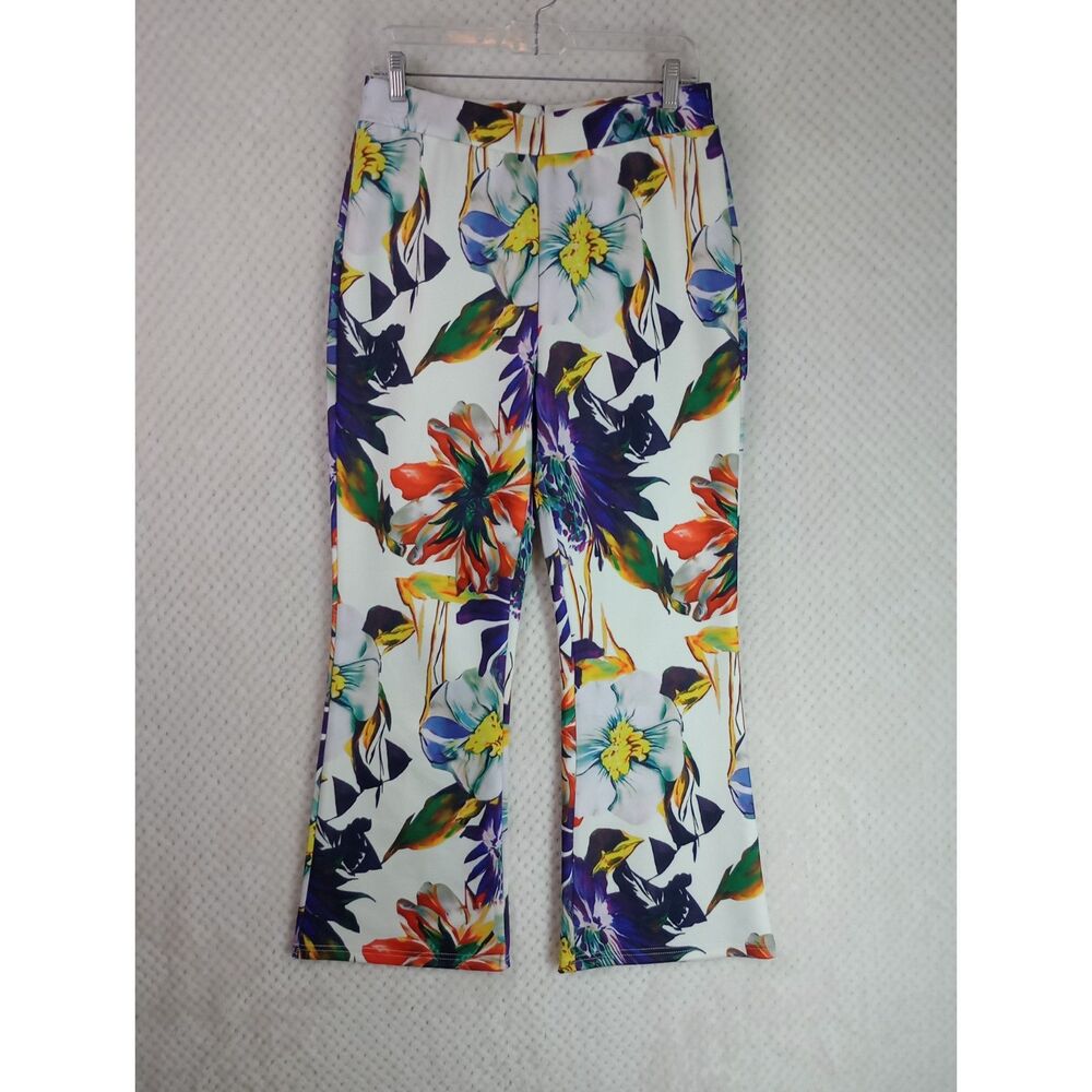 White Floral Colorful Flared Women's Large Pants